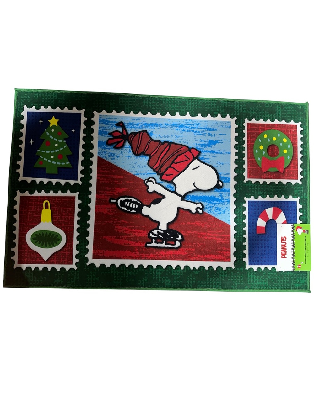 Peanuts Snoopy Ice Skating Holiday accent rug - Red, Green, Blue, White